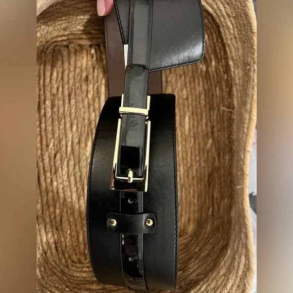 Stylish etcetera Black Leather Belt with Gold Buckle